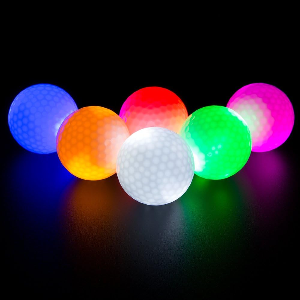 LED Light up Golf Balls, Glow in the Dark Night Golf Balls - Multi Colors of Blue, Orange, Red, White, Green, Pink - Pack of 6