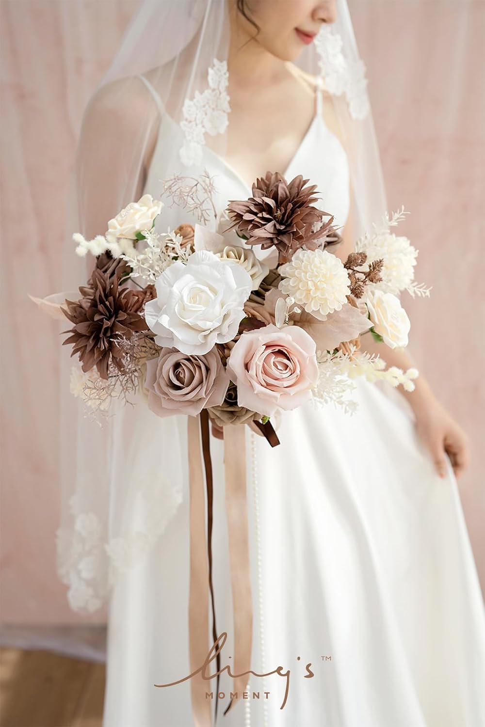 Ling's moment Artificial Flowers Fake Silk Roses Faux Foam Dahlia Combo for DIY Wedding Bouquets Centerpieces Arrangements Bridal Shower Party Home Decorations, Morandi Peach & Cream, 24pcs