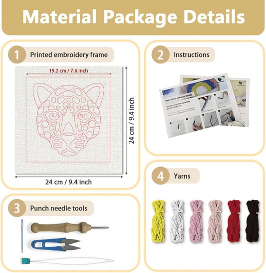 Doodlream Pink Leopard DIY Punch Needle Embroidery Kit for Adult Beginner, 9.4" Pink Leopard Punch Stitching Craft Set for Starter with Frame, Fabric Pattern, Threader, Yarn, Pinch Needle