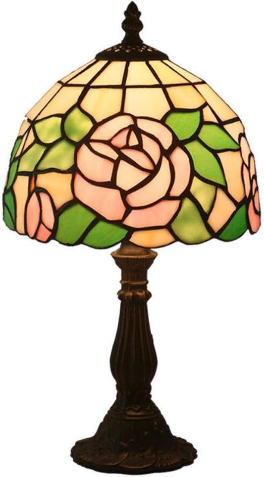 Tiffany Style Antique Stained Glass Table Lamp Pink Rose Lamp Shade Zinc Alloy Base Bedside Lamp for Living Room Bedroom Coffee