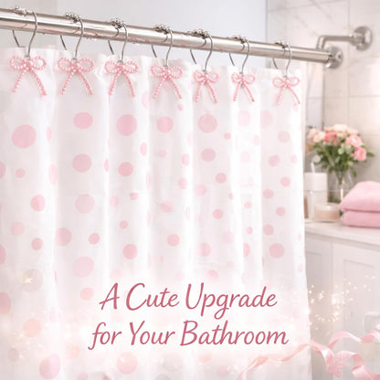 Shower Curtain Hooks Pink, 12 Pack Pink Shower Curtain Hooks with Cute Bow Charms, Cute Shower Hooks Bows for Girl Shower Curtain Decor, Aesthetic Shower Hooks for Bathroom