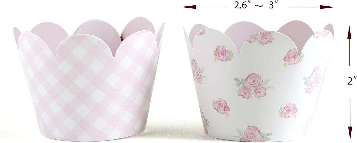 Pink Gingham and Pink Floral Cupcake Wrappers,Party Supplies,Baby Shower-36 Count