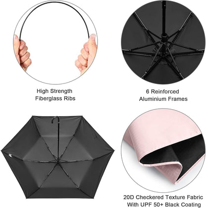 G4Free Mini Travel Umbrella UPF 50+ Ultralight Slim UV Protection Parasol, Windproof Compact Umbrella for Sun & Rain, Portable with J Hook Curved Handle Japanese Style for Women