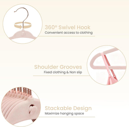 Kids Velvet Hanger 50 Pack, 11 Inch Baby Hangers with 10 Clips, Premium Non-Slip Newborn & Toddler Clothes Hangers with 360° Rose Gold Swivel Hook & Space-Saving Stackable Design, Pink