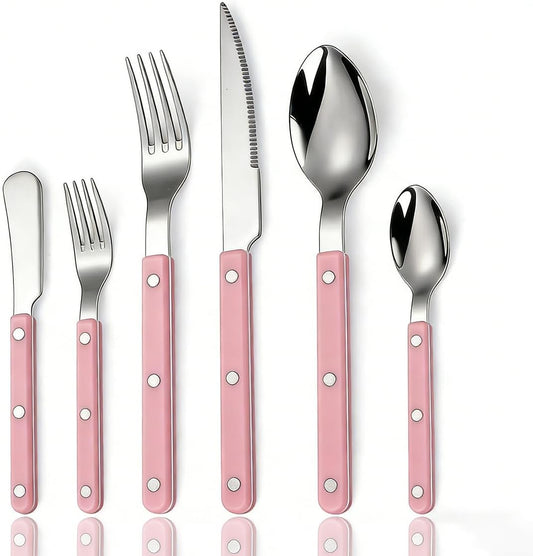 Pink-Color Handle Silverware Set - 6-Piece Stainless Steel Flatware with Steak Knife, Fork, Spoon, Teaspoon, Dessert Fork and Butter Knife - Elegant Tableware Cutlery for Dining (Pink)