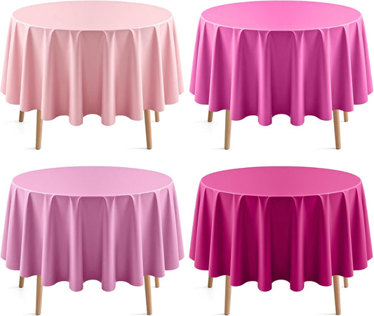 Just Shimmer 4 Pieces Pink Series Round Tablecloth, 84" Solid Color Waterproof & Spillproof Disposable Plastic Table Cover, Durable Party Tablecloth for Dining, Buffet, Picnic, Outdoor Events
