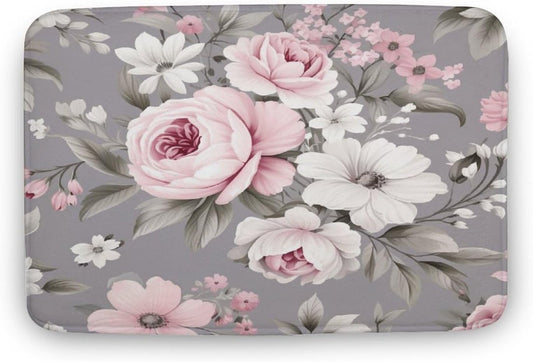 Retro with Pink Flowers And Leaves Shower Mat Watercolor Floral Pattern Rose Velvet Floor Rug Non Slip Bathroom Decor Mats Home Decor 16x24 Inch Water Absorbent Soft Machine Washable Floor Mat