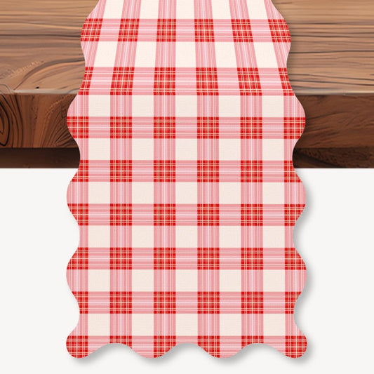WADORN Pink White Buffalo Plaid Table Runner, 13x72 Inch Classic Rustic Farmhouse Kitchen Dining Table Decoration Red White Checkered Scalloped Tables Runners for Home Kitchen Holiday Party Christmas