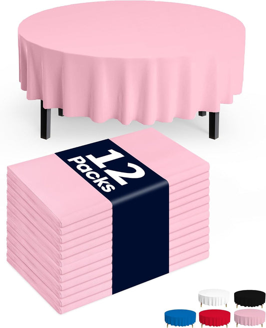 Pureegg Plastic Table Cloth Disposable 12 Pack, 84'' Round Table Cloths, Easter Party, Valentines, Mothers Day Decorations, Tablecloths, Round, Pastel Plastic Cover, Leakproof & Sturdy, Pink