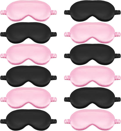 Cutecrop 12 Pcs Silk Sleep Masks Soft Satin Eye Masks with Adjustable Elastic Strap for Sleeping Comfortable Blindfold Eyeshade for Men Women Nap Night Travel Gifts(Black, Pink)