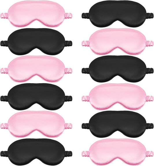 Cutecrop 12 Pcs Silk Sleep Masks Soft Satin Eye Masks with Adjustable Elastic Strap for Sleeping Comfortable Blindfold Eyeshade for Men Women Nap Night Travel Gifts(Black, Pink)