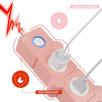 iJoy Flexible Power Strip - 3 AC Outlets and 2 USB Charging Ports with Pink Extension Cord, Power Strips with Surge Protection, Decorative Surge Protector Outlet Extender for Home, Office, and More