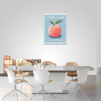 Peach Bathroom Wall Art Funny Peach Decor Blue Bathroom Canvas Print Fruit Painting Modern Artwork Home Decorations for Bathroom Bedroom Framed 12"x16"