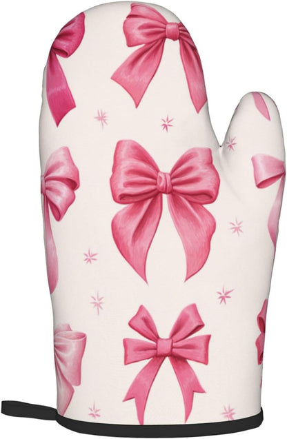 Light Pink Bows in Three Rows Oven Mitts and Pot Holders Sets,Heat Resistant Potholder Kitchen Decor for Cooking Baking BBQ, Oven Glove Set