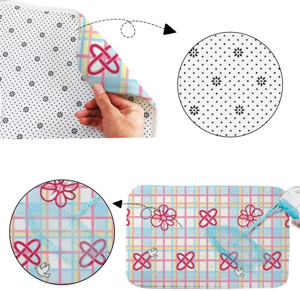 Washable Rug Pastel Checkerboard Pink Flowers Bows Holiday Bathroom Rugs Shower Mat Rubber Floor Mats for Home Traction Trap Water Non Slip Quick Drying Household Pet Floor Bathroom Decor 18 X 30in
