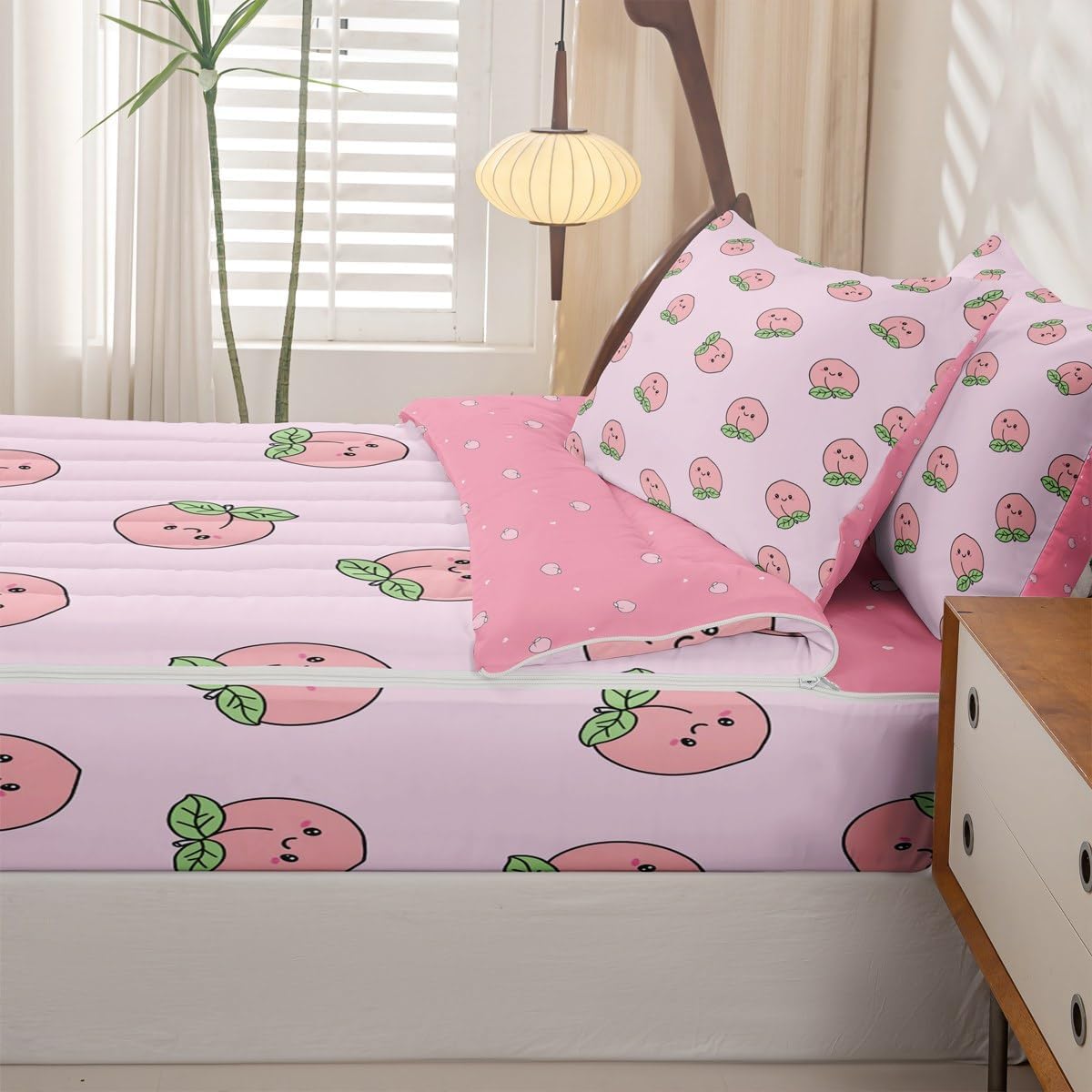 Erosebridal Pink Peach Zipper Bedding Set Twin Size Kids Kawaii Zippered Comforter Set Girl Lovely Cute Fruits Bed in a Bag Cartoon Fruit Food Comforter with Sheets