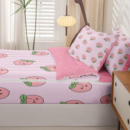 Erosebridal Pink Peach Zipper Bedding Set Twin Size Kids Kawaii Zippered Comforter Set Girl Lovely Cute Fruits Bed in a Bag Cartoon Fruit Food Comforter with Sheets