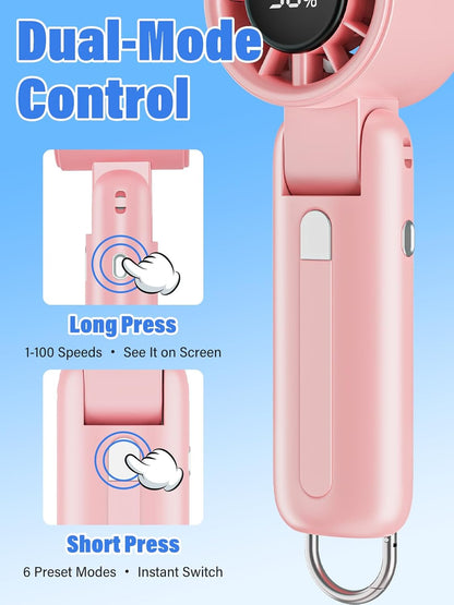Handheld Turbo Fan, 100-Speed Portable Mini Fan with 12800 RPM Strong Airflow, Foldable 4-in-1 Personal Fan for Travel, Camping, Beach & Office, USB-C Rechargeable, Lightweight & Quiet (Pink)