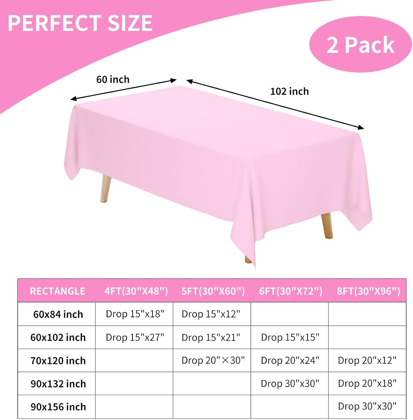 Fixwal 2 Pack Pink 60 x 102 Inch Rectangle Tablecloths, Reusable Heavy Duty Washable Polyester Table Covers for 6 Ft Tables, Baby Shower, Birthday, Wedding, Party, Outdoor