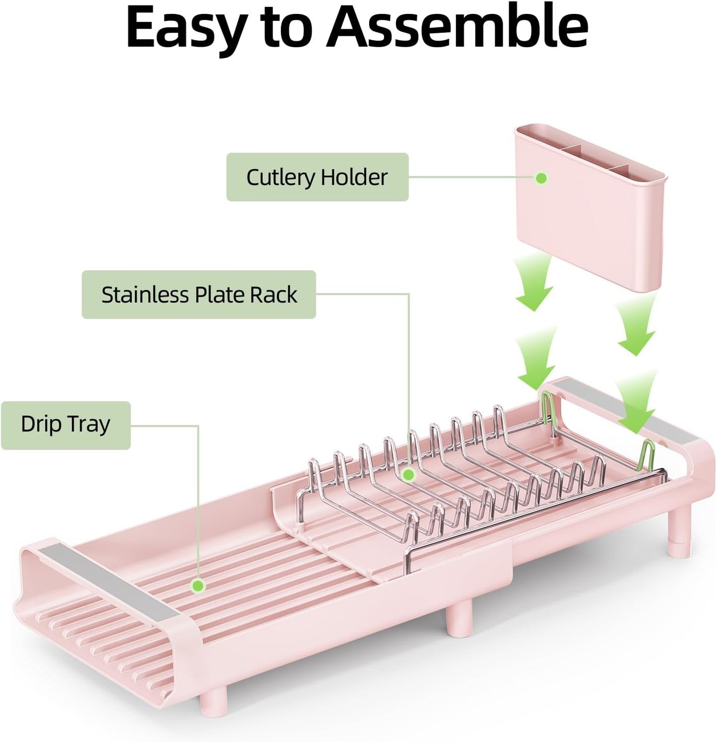 TOOLF Small Dish Drying Rack, Mini Expandable Compact Dish Rack, Slim Extendable Stainless Steel Dish Drainer for Kitchen Plate Storage, Space Saving Dish Strainer in Sink or on Home Countertop, Pink