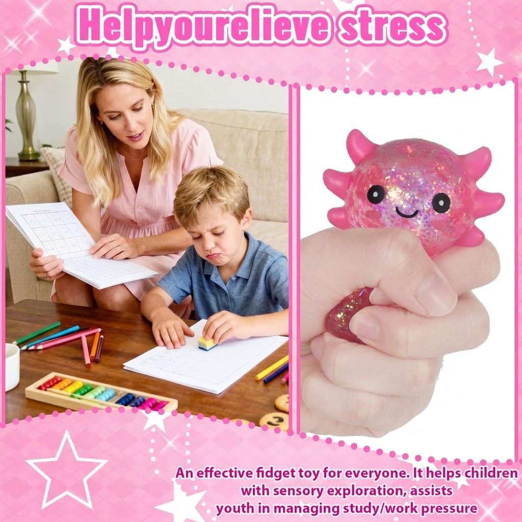 Axolotl Squishy Stress Relief Toy – Glitter Fidget Toy Cute Squeeze Toy for Kids & Adults, Sensory Anxiety Relief Squishy Toy, Party Favor Desk Fidget (Pink Sitting Style)
