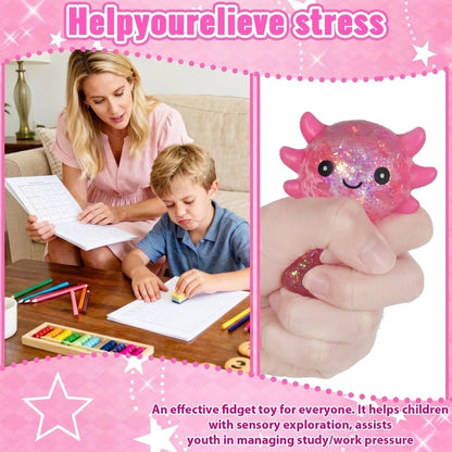 Axolotl Squishy Stress Relief Toy – Glitter Fidget Toy Cute Squeeze Toy for Kids & Adults, Sensory Anxiety Relief Squishy Toy, Party Favor Desk Fidget (Pink Sitting Style)