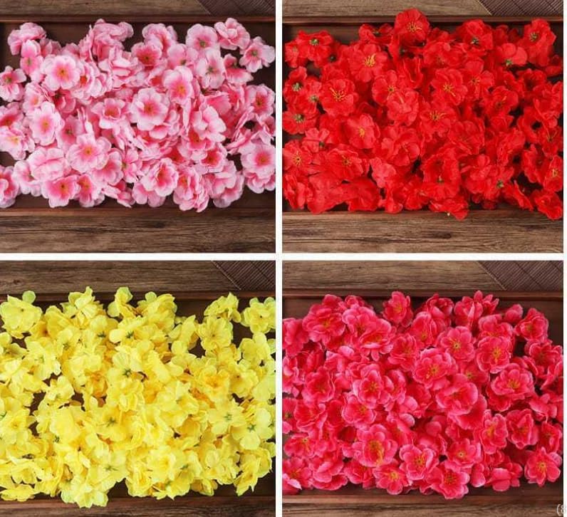 Rikyo 100 pcs Artificial Silk Cherry Blossom Flower Heads Spring Fake Plum Blossom Peach Blossom,Vase Fillers,Corsages for Wedding Decor,Nursery Wall,Archway Decor Wreath Garland Cake Ornaments (Red)