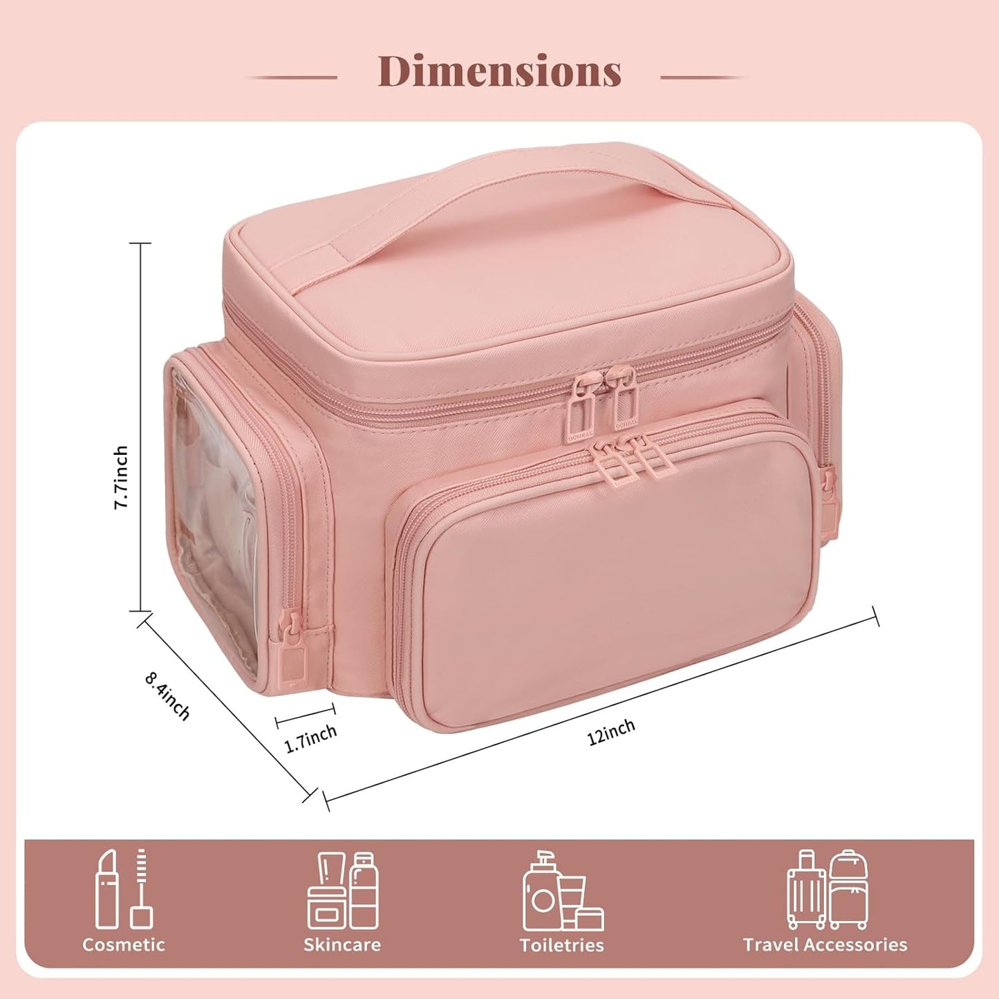 Bagmoly Large Makeup Bag, Portable Travel Makeup Bag Organizer for Women Girls with Makeup Brush Compartment & Two Side Pockets, Cosmetic Travel Bag Vertical Storage Toiletry - Pink