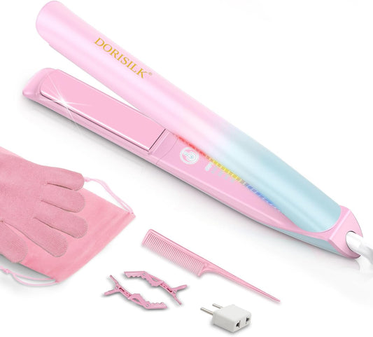 DORISILK 470°F Hair Straightener Colorful Light, Dual Voltage Flat Iron for EU Travel, 1" Professional Salon Ceramic Straightening & Curling Iron Smooth Tech 30s Fast Heat for Women Girls, Blue Pink