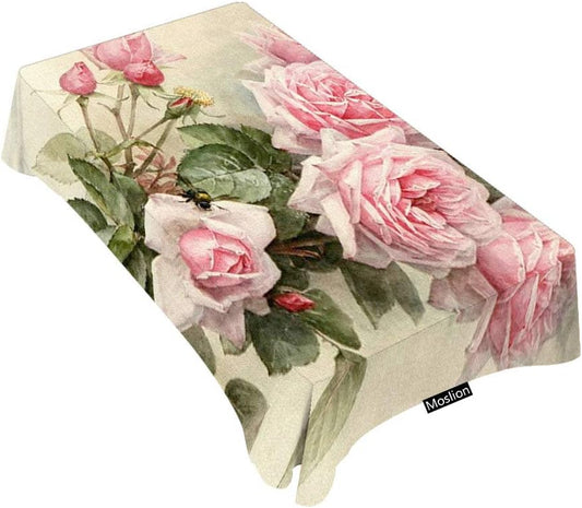 Moslion Decorative Rectangle Table Cloths Vintage Shabby Chic Pink Rose Floral Tablecloth Table Cover for Dining/BBQ/Picnic/Coffee Table 60 X 90 Inches