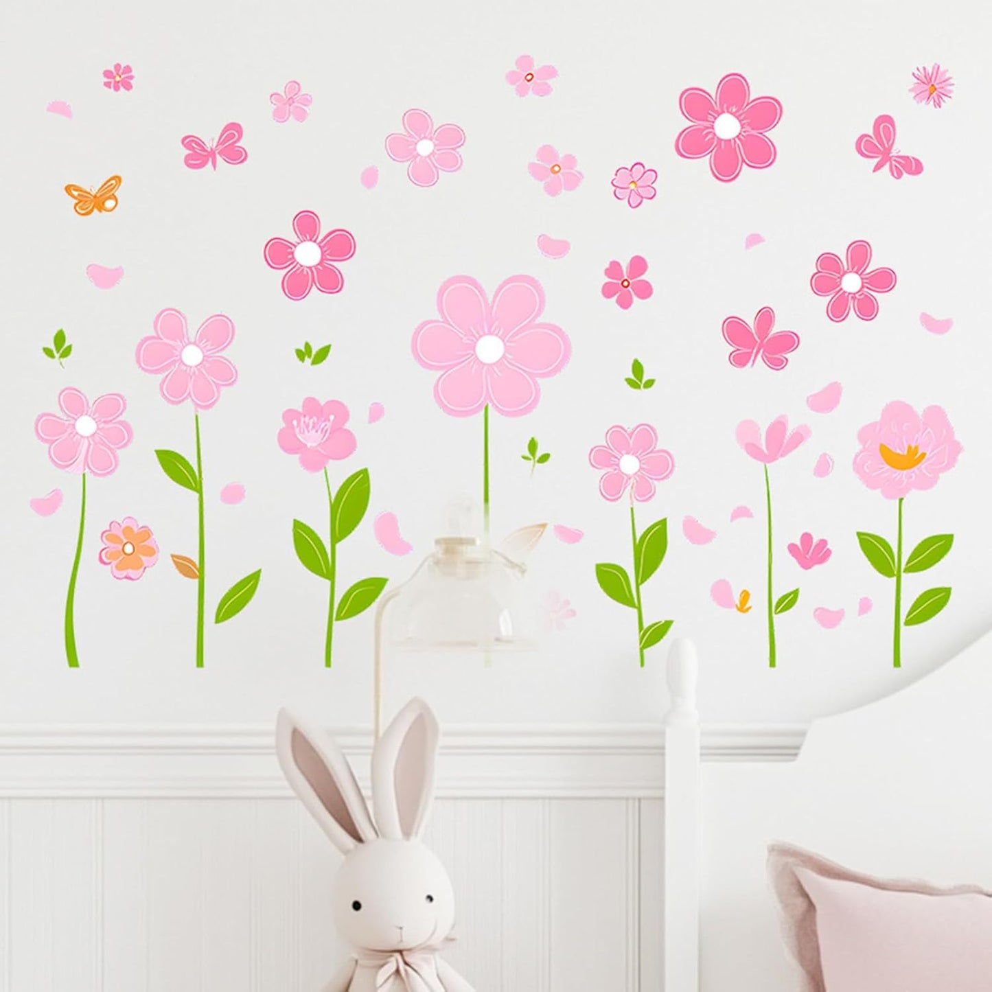 Pink Flower Wall Decals Butterfly Daisy Wall Stickers PVC Floral Decor for Girls Bedroom Living Room Nursery Kids Room