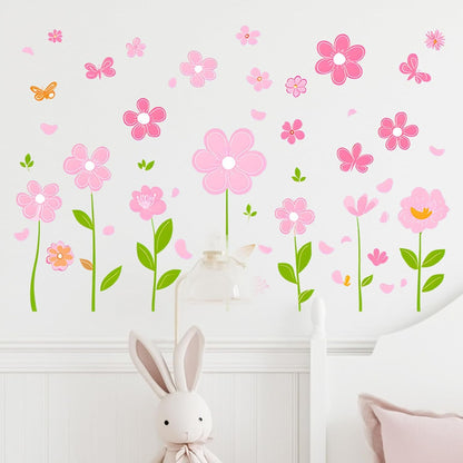 Pink Flower Wall Decals Butterfly Daisy Wall Stickers PVC Floral Decor for Girls Bedroom Living Room Nursery Kids Room