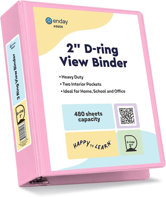 Enday 2 Inch Binder, Pink - 2 Inch 3 Ring Binder, D-Ring Pastel with Clear View Cover for Letter Size 8.5 x 11'' Paper & 2 Inside Pockets, Ideal for School Supplies, Office, and Home