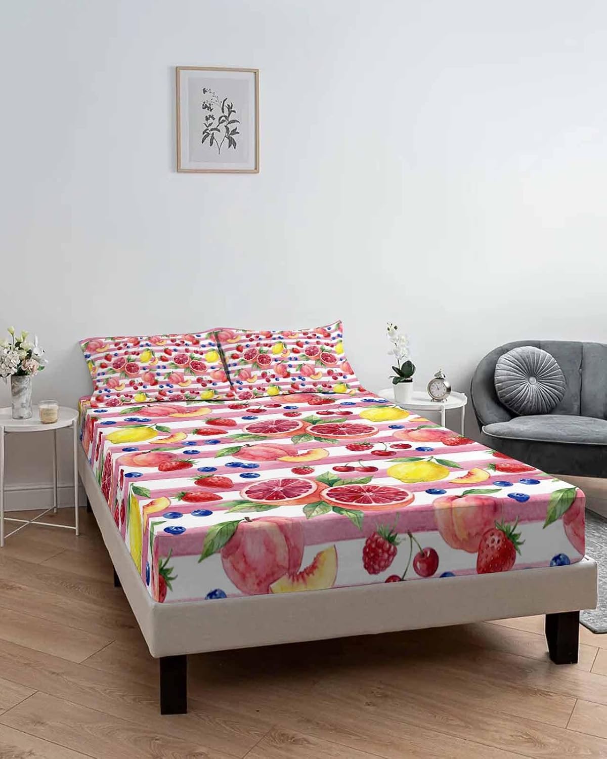 Fitted Sheets Elastic Deep Pocket Bed Sheet Queen Summer Peach Lemon Grapefruit Soft Brushed Microfiber Bed Sheets Set, Blueberry Strawberry Pink Stripe Mattress Cover Up Fitted Sheet Pillowcase