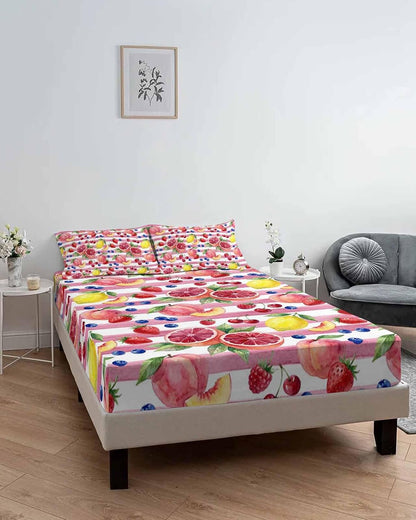Fitted Sheets Elastic Deep Pocket Bed Sheet Queen Summer Peach Lemon Grapefruit Soft Brushed Microfiber Bed Sheets Set, Blueberry Strawberry Pink Stripe Mattress Cover Up Fitted Sheet Pillowcase