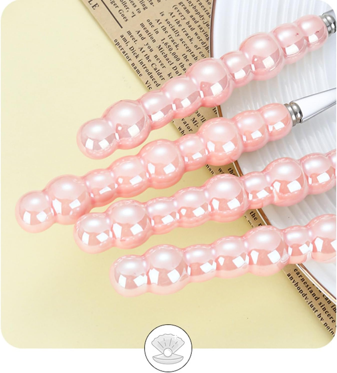 Ouliget Stainless Steel Spoons, Stainless Steel Ceramic Handle Spoon, Korean Dessert Spoon with Imitation Pearl Handle, 8.4 Inches, 4 Pieces,Pink.