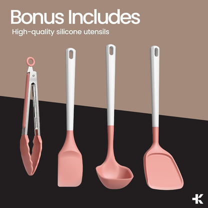 Bakken 12-Piece Ceramic Cookware Set, Nonstick Pots and Pans Set, Non-Toxic PTFE & PFAS-Free Cookware with Silicone Utensils, Induction & All Stovetops Compatible, Dishwasher Safe, Pink