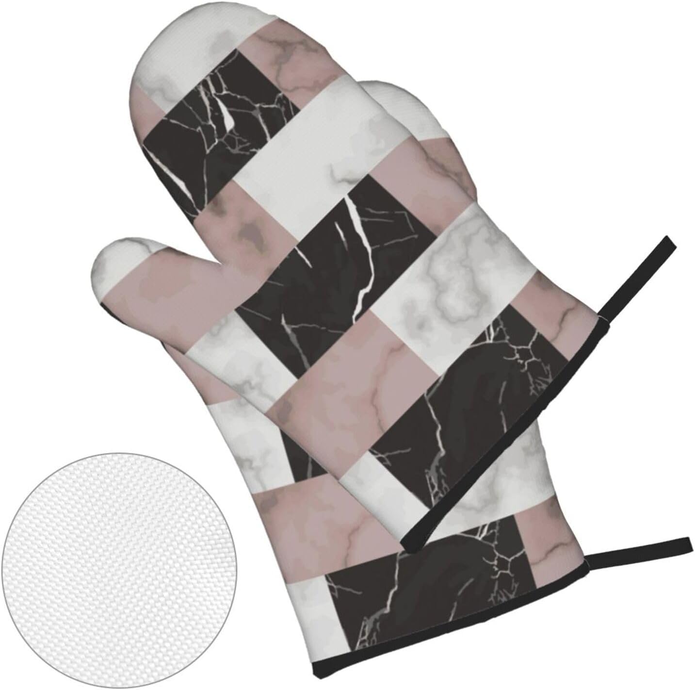 White Pink and Black Brick Marble 4-in-1 Oven Mitts and Pot Holders, Thick Polyester Kitchen Thermal Gloves for Indoor Baking Outdoor Grilling