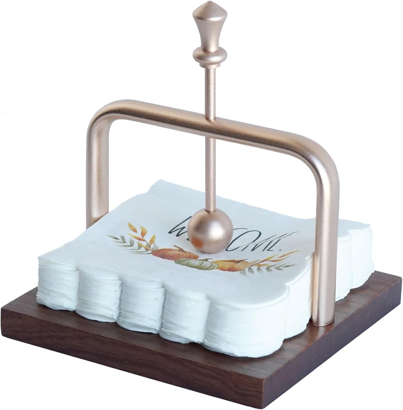 Wood Cocktail Napkin Holder for table, beverage napkin holder with Weighted Metal Arm for Stability, Ideal for Restaurants, Bars, Kitchens, Cafes Indoor/Outdoor Use (Rose Gold)