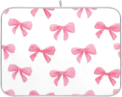 Light Pink Bows Watercolor Dish Drying Mat Absorbent Dishes Drainer Rack Mats Microfiber Reversible Dish Drying Pad Fast Dry Kitchen Accessories 16x18in For Kitchen Counter