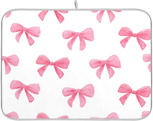 Light Pink Bows Watercolor Dish Drying Mat Absorbent Dishes Drainer Rack Mats Microfiber Reversible Dish Drying Pad Fast Dry Kitchen Accessories 16x18in For Kitchen Counter