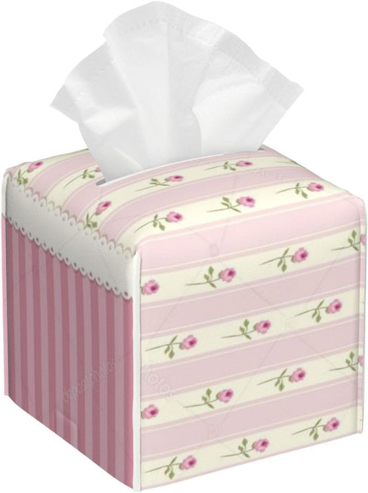 Pink Floral Striped Square Leather Tissue Box Cover - Premium Decorative Organizer with Non-Slip Base for Bathroom Vanity, Nightstand & Countertop