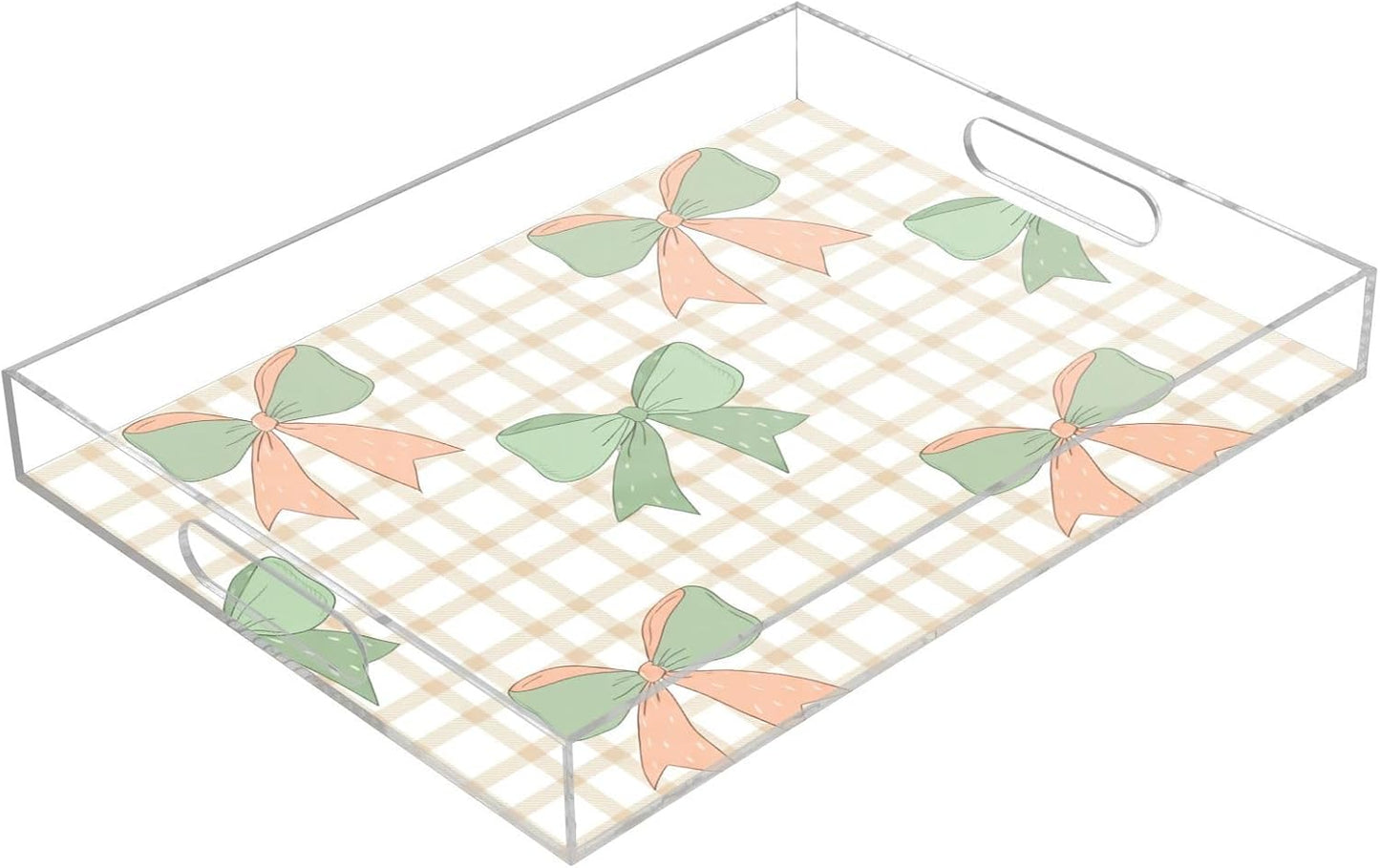 Green Peach Bows Serving Tray, Decorative Ottoman Trays with Handles for Breakfast, Coffee Table, Dining Room, Party - 16" x 12"