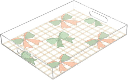 Green Peach Bows Serving Tray, Decorative Ottoman Trays with Handles for Breakfast, Coffee Table, Dining Room, Party - 16" x 12"