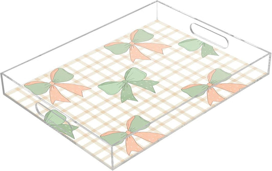 Green Peach Bows Serving Tray, Decorative Ottoman Trays with Handles for Breakfast, Coffee Table, Dining Room, Party - 16" x 12"