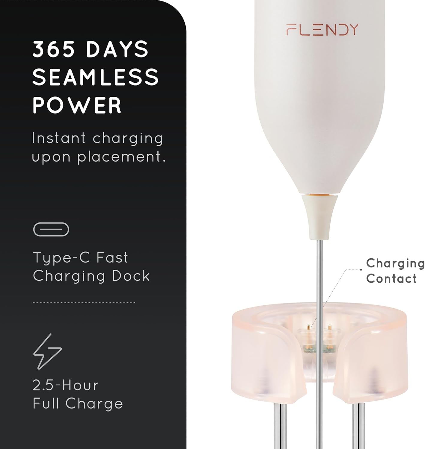 Flendy Rechargeable Milk Frother Handheld, Coffee Frother Handheld with USB-C Charging Stand, Electric Drink Mixer Handheld, Mini Electric Whisk Frother for Coffee, Matcha, etc