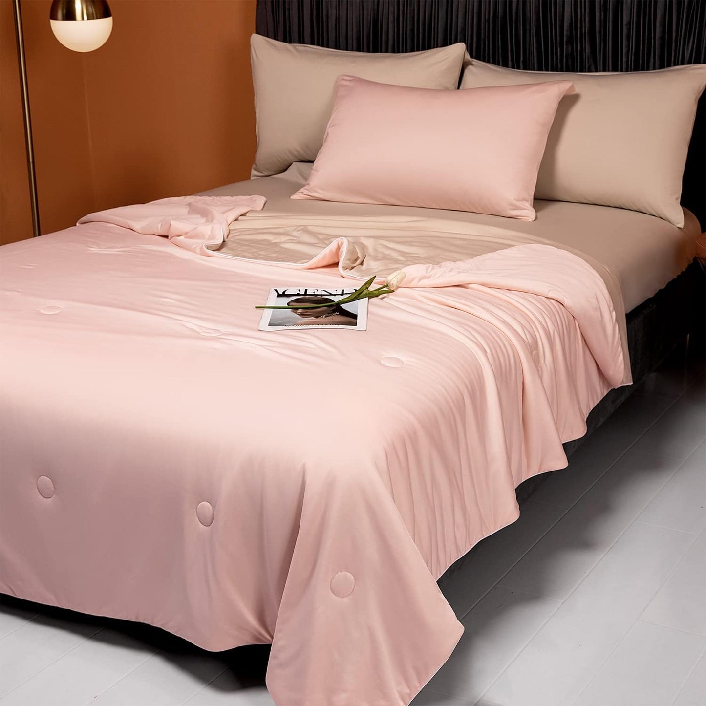 LLanCL Cooling Blankets for Hot Sleepers - Cool Like Ice Cream Lightweight Blanket for Summer with Double Side Cold, Cooling Comforter, Quilt, Fabric for Bed (Throw Size 47" x 59" Pink & Beige)