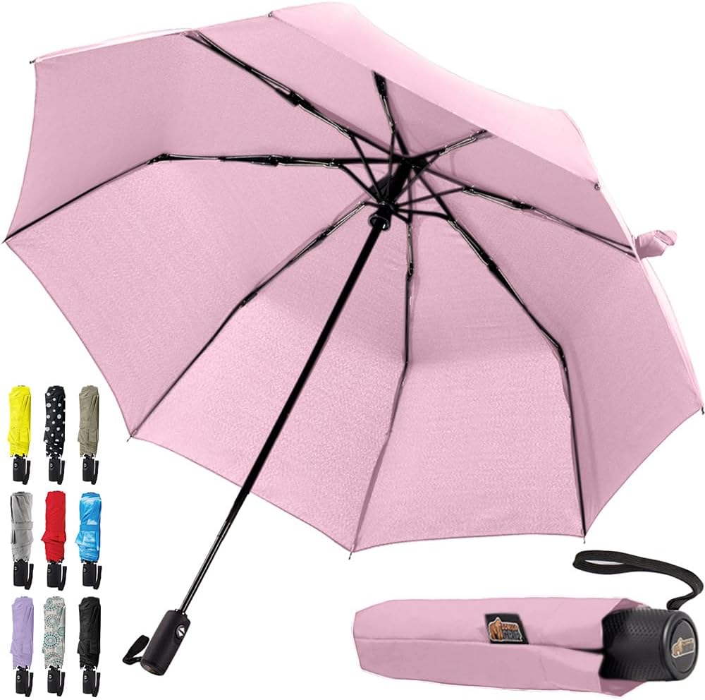 GORILLA GRIP Compact Travel Size Umbrella for Rain, Sleek Design Fits Backpack, Purse and Carry On, Lightweight Under 1lb, One Click Open and Close, Wind Resistant, Durable Waterproof Quick Dry, Pink