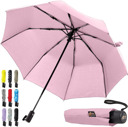 GORILLA GRIP Compact Travel Size Umbrella for Rain, Sleek Design Fits Backpack, Purse and Carry On, Lightweight Under 1lb, One Click Open and Close, Wind Resistant, Durable Waterproof Quick Dry, Pink