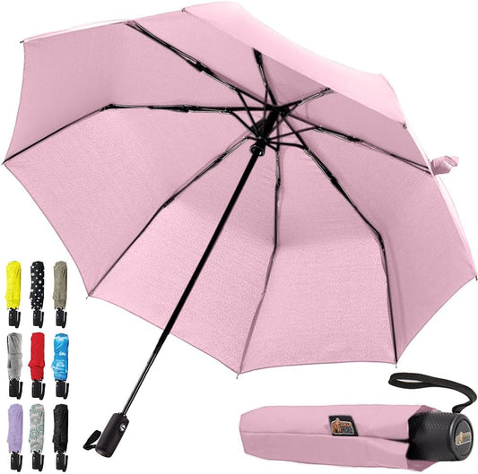 GORILLA GRIP Compact Travel Size Umbrella for Rain, Sleek Design Fits Backpack, Purse and Carry On, Lightweight Under 1lb, One Click Open and Close, Wind Resistant, Durable Waterproof Quick Dry, Pink